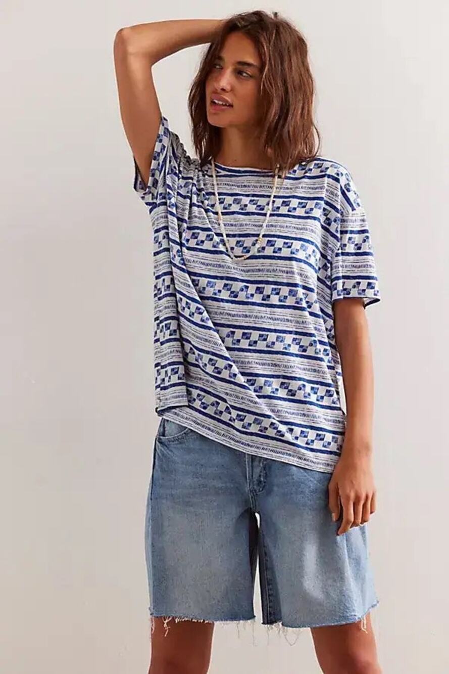 We the Free Nina Blue White Print Oversized Cotton Soft Tee Small NEW $58